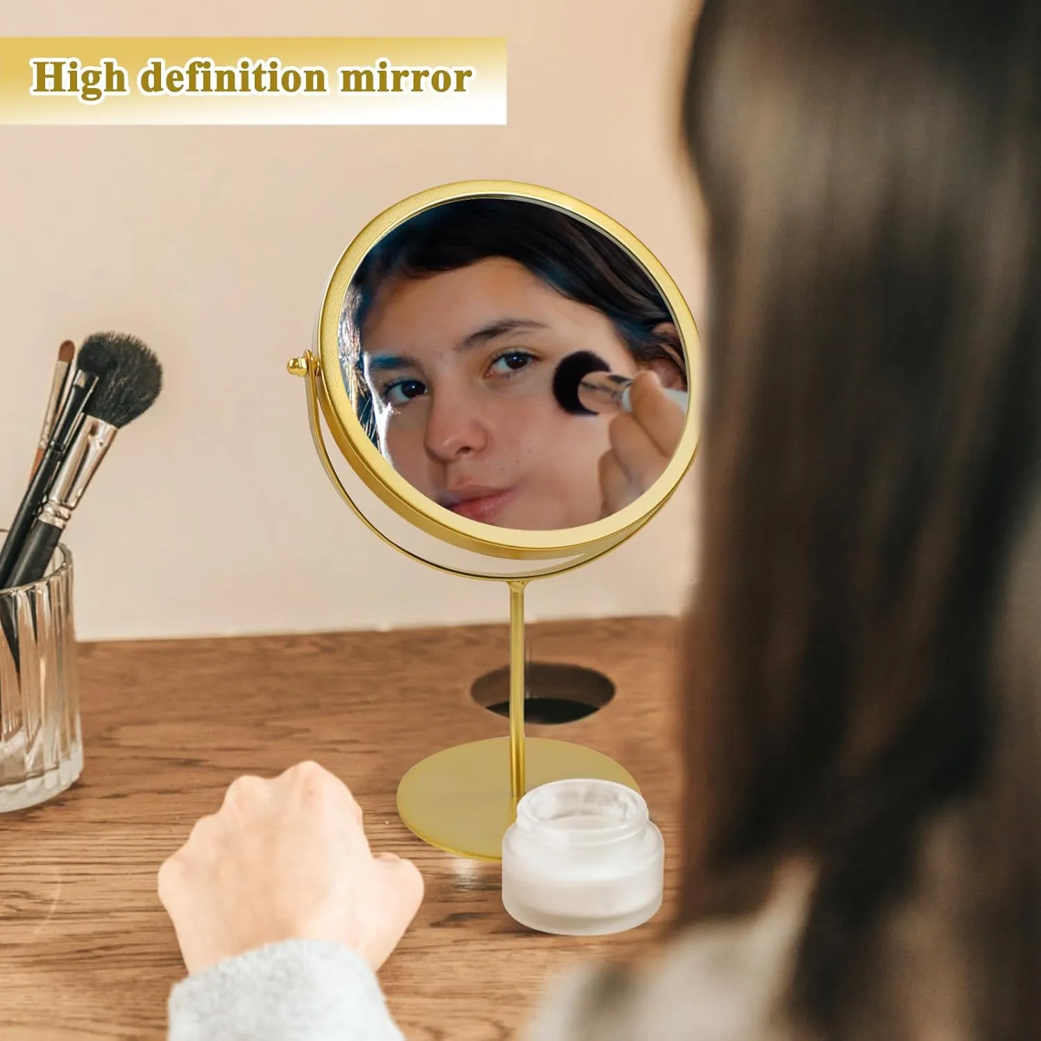 Gold Vanity Desk Table Round Makeup Mirror, 360 Degree Adjustable Rotation Metal Framed Standing Mirrors, Home Decoration for Living Room, Bedroom, Tabletop, Bathroom, 6.3 Inches