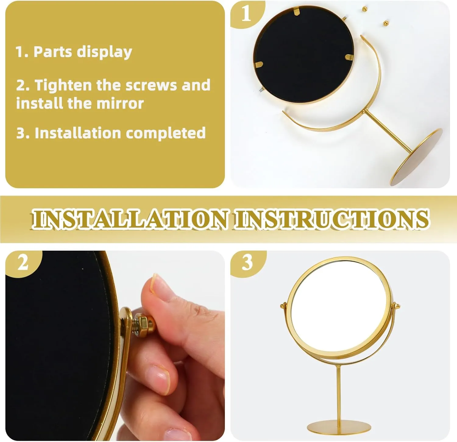 Gold Vanity Desk Table Round Makeup Mirror, 360 Degree Adjustable Rotation Metal Framed Standing Mirrors, Home Decoration for Living Room, Bedroom, Tabletop, Bathroom, 6.3 Inches