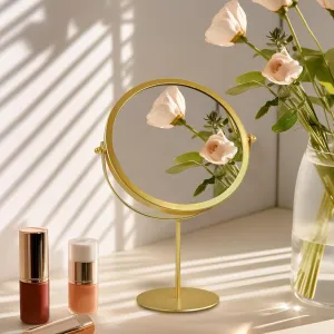 Gold Vanity Desk Table Round Makeup Mirror, 360 Degree Adjustable Rotation Metal Framed Standing Mirrors, Home Decoration for Living Room, Bedroom, Tabletop, Bathroom, 6.3 Inches