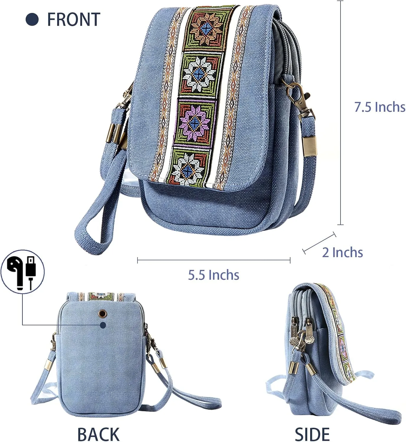 Goodhan Embroidery Canvas Crossbody Bag Cell phone Pouch Coin Purse for Women