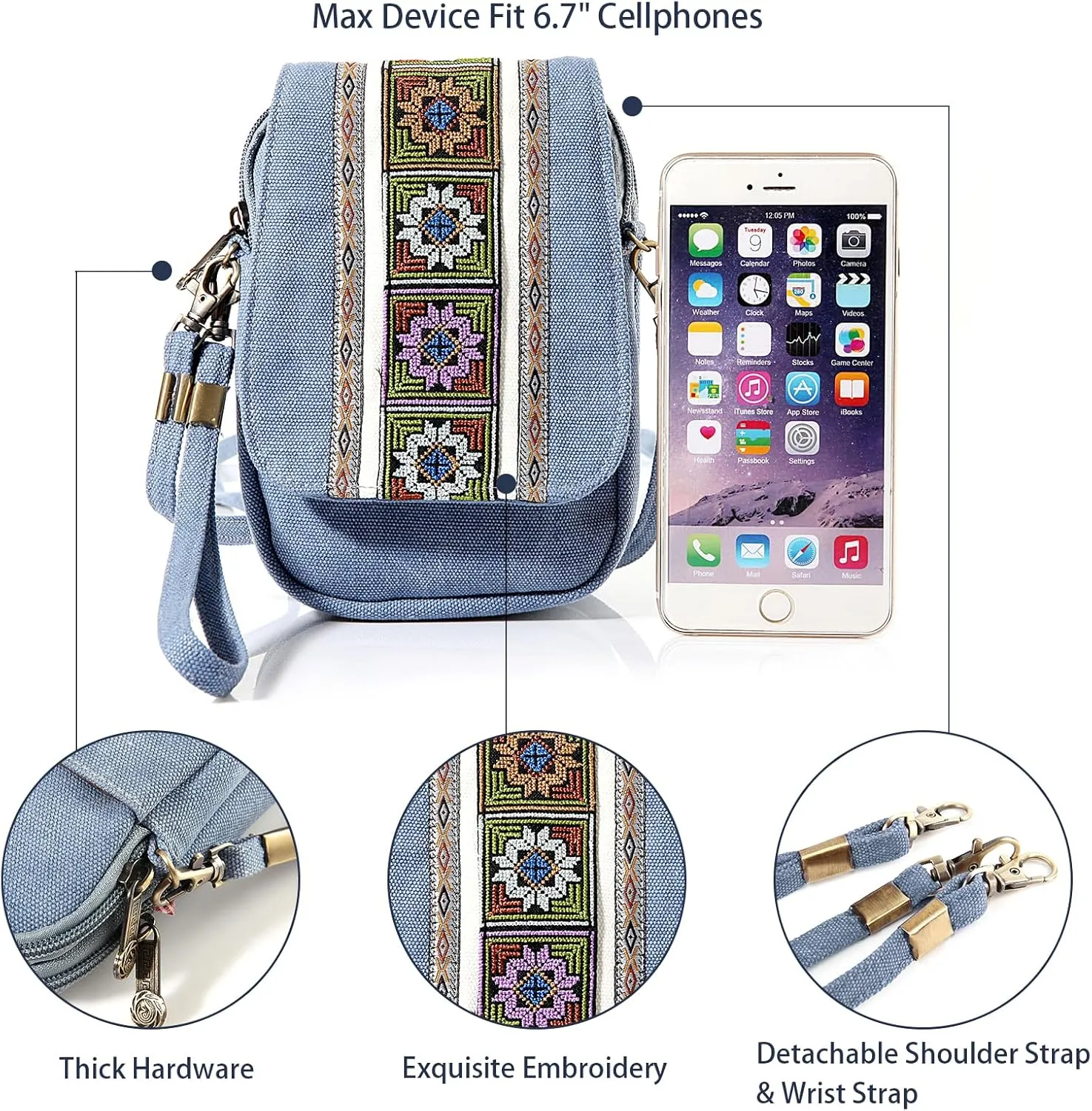 Goodhan Embroidery Canvas Crossbody Bag Cell phone Pouch Coin Purse for Women