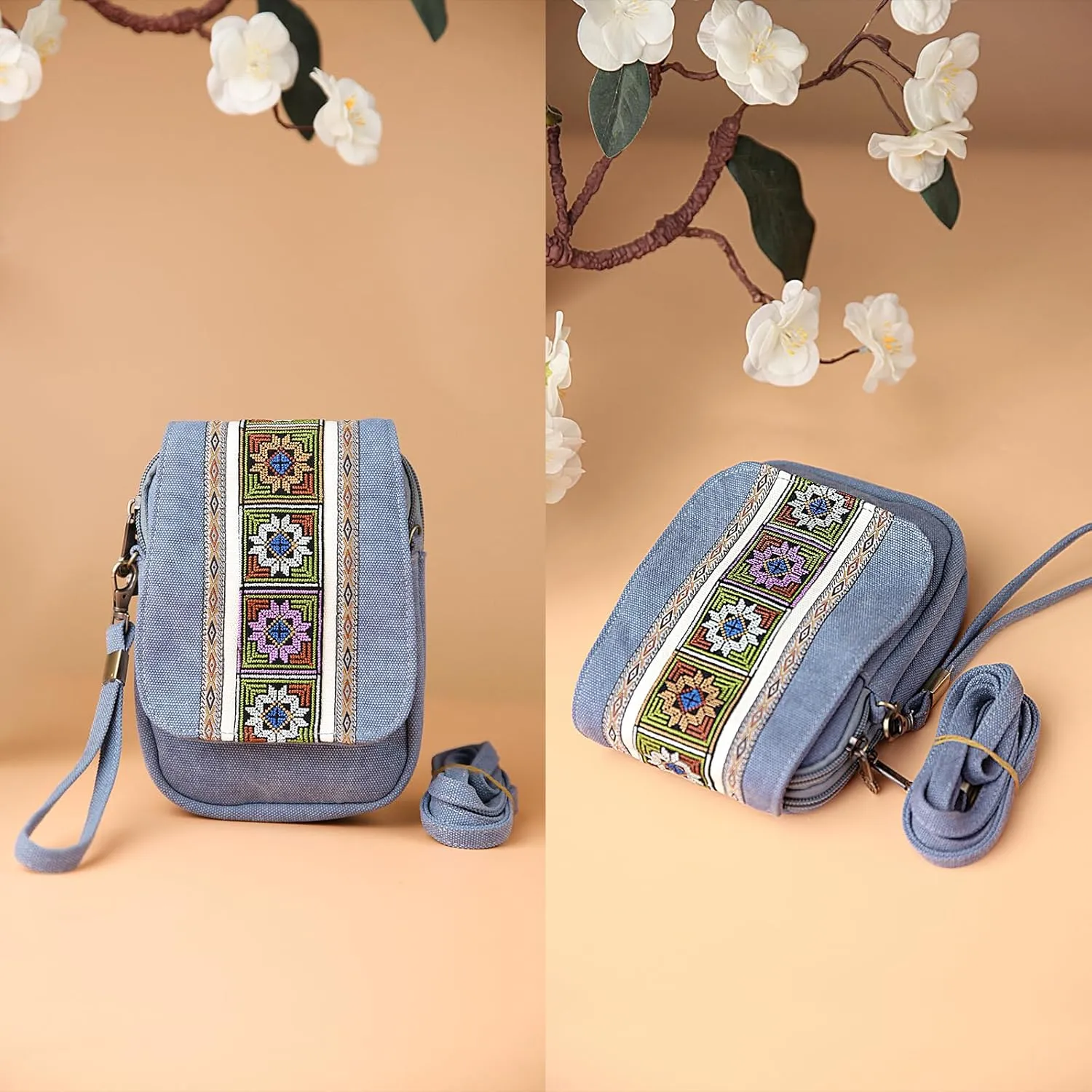 Goodhan Embroidery Canvas Crossbody Bag Cell phone Pouch Coin Purse for Women