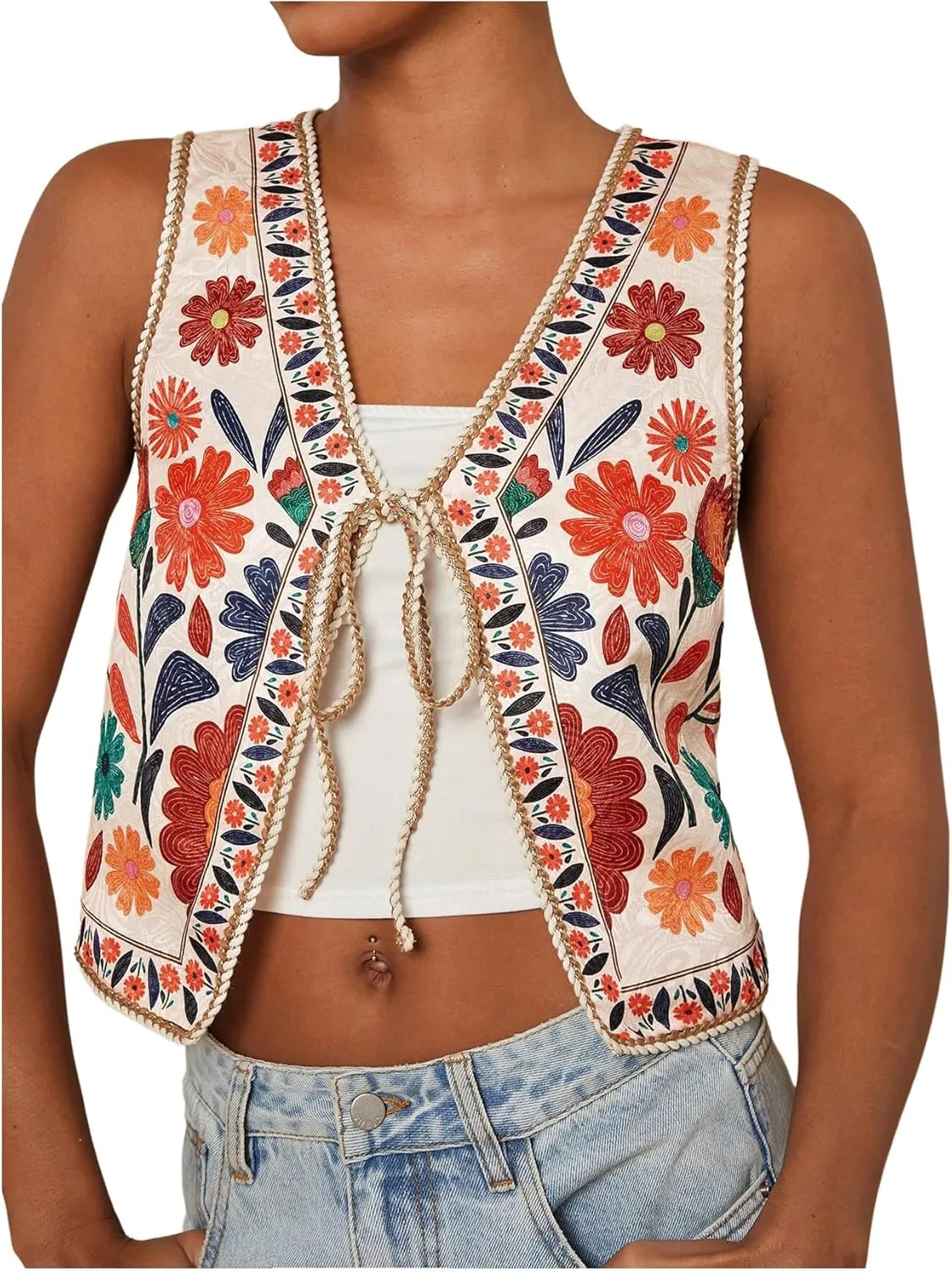 GORGLITTER Women's Tie Front Vest Top Country Concert Western Cowgirl Outfit Floral Vest