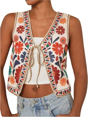 GORGLITTER Women's Tie Front Vest Top Country Concert Western Cowgirl Outfit Floral Vest