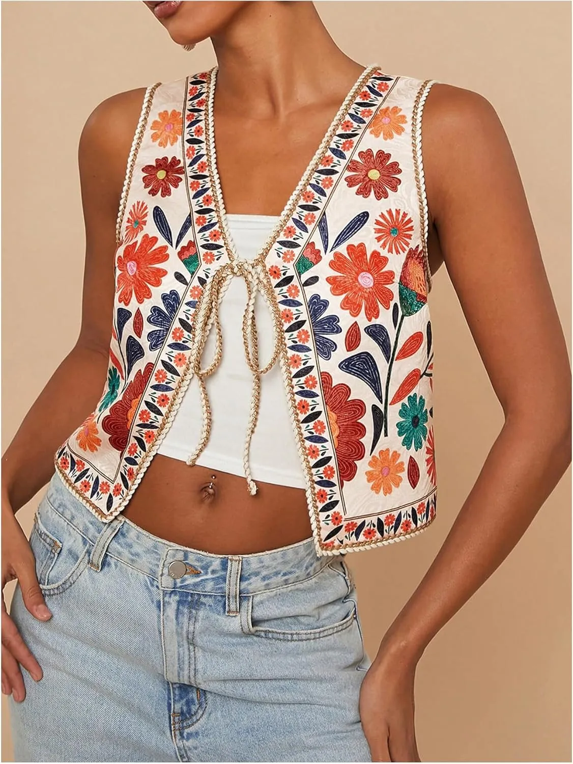 GORGLITTER Women's Tie Front Vest Top Country Concert Western Cowgirl Outfit Floral Vest
