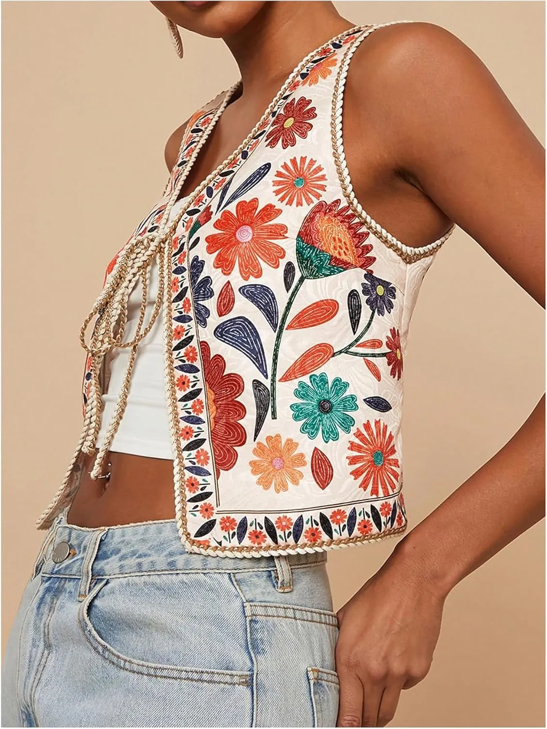 GORGLITTER Women's Tie Front Vest Top Country Concert Western Cowgirl Outfit Floral Vest