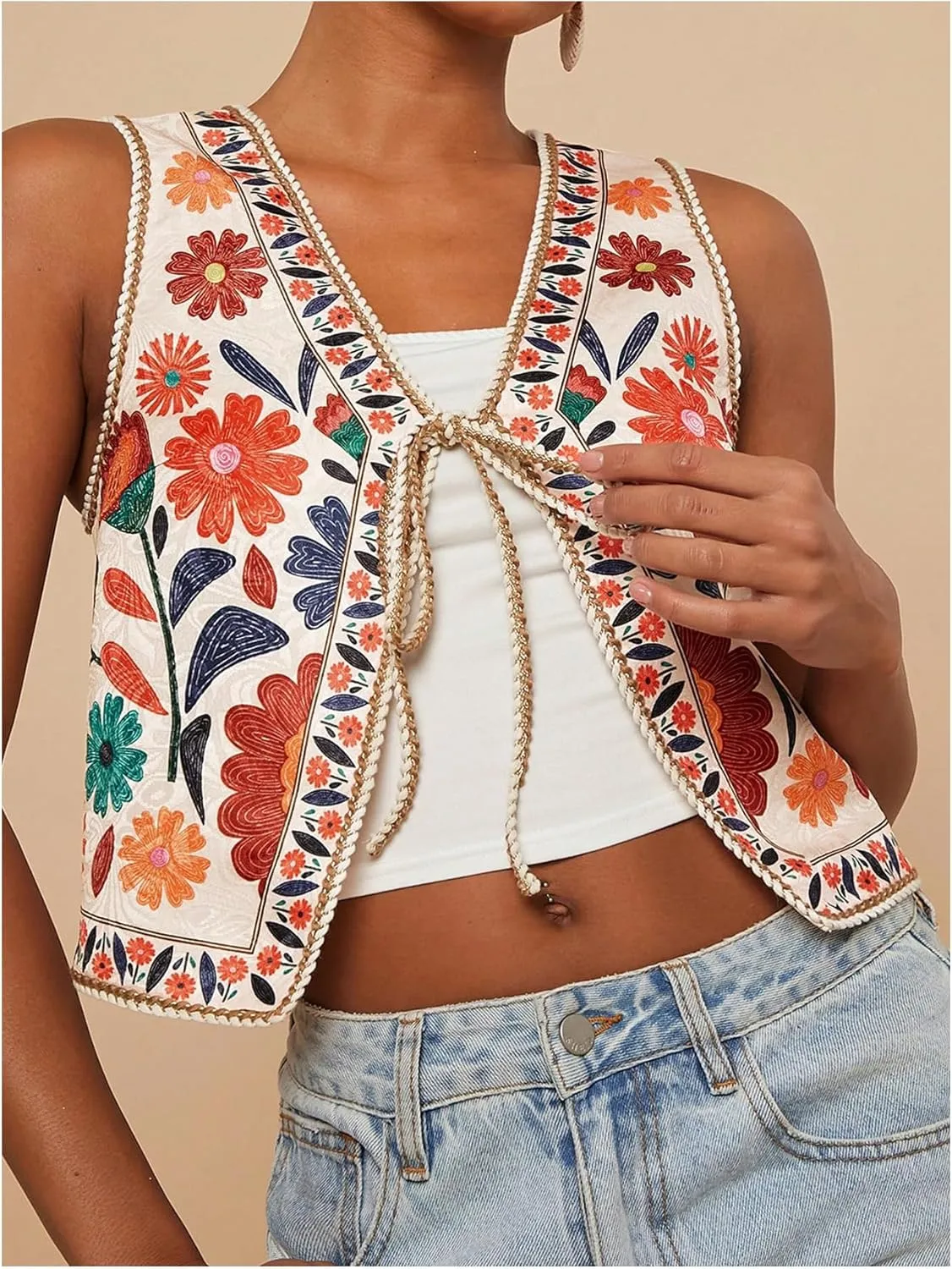 GORGLITTER Women's Tie Front Vest Top Country Concert Western Cowgirl Outfit Floral Vest
