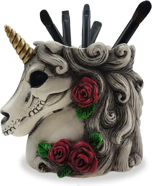 Gothic Unicorn Skull Makeup Brush/Pen Holder-Unicorn Gift for Women Adults Halloween Decor Day Dead Inspired Goth Accessory for Home
