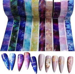 Gradient Galaxy Nail Foil Transfer Sticker Kit, 10 Rolls Starry Sky Nail Foils Sheets Adhesive Nail Art Decals Star Marble Print Transfer Foils Stickers 50m×4cm DIY Nail Art Decorations Nail Supplies
