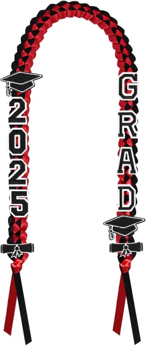 Graduation Leis 2025, Class of 2025 Grad Ribbon Leis with Pins, Grad Necklace Handmade Braided Necklace, Graduation Gifts for Women and Men (Black & Red)