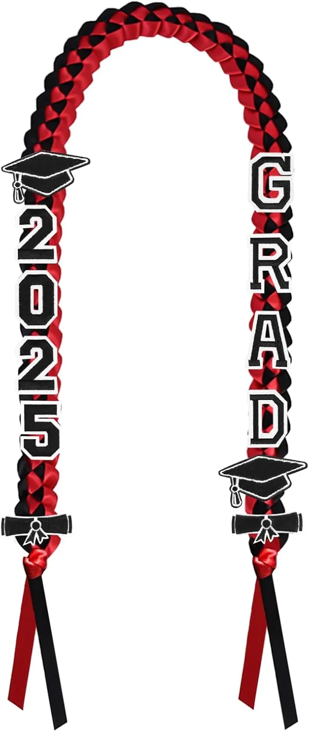 Graduation Leis 2025, Class of 2025 Grad Ribbon Leis with Pins, Grad Necklace Handmade Braided Necklace, Graduation Gifts for Women and Men (Black & Red)