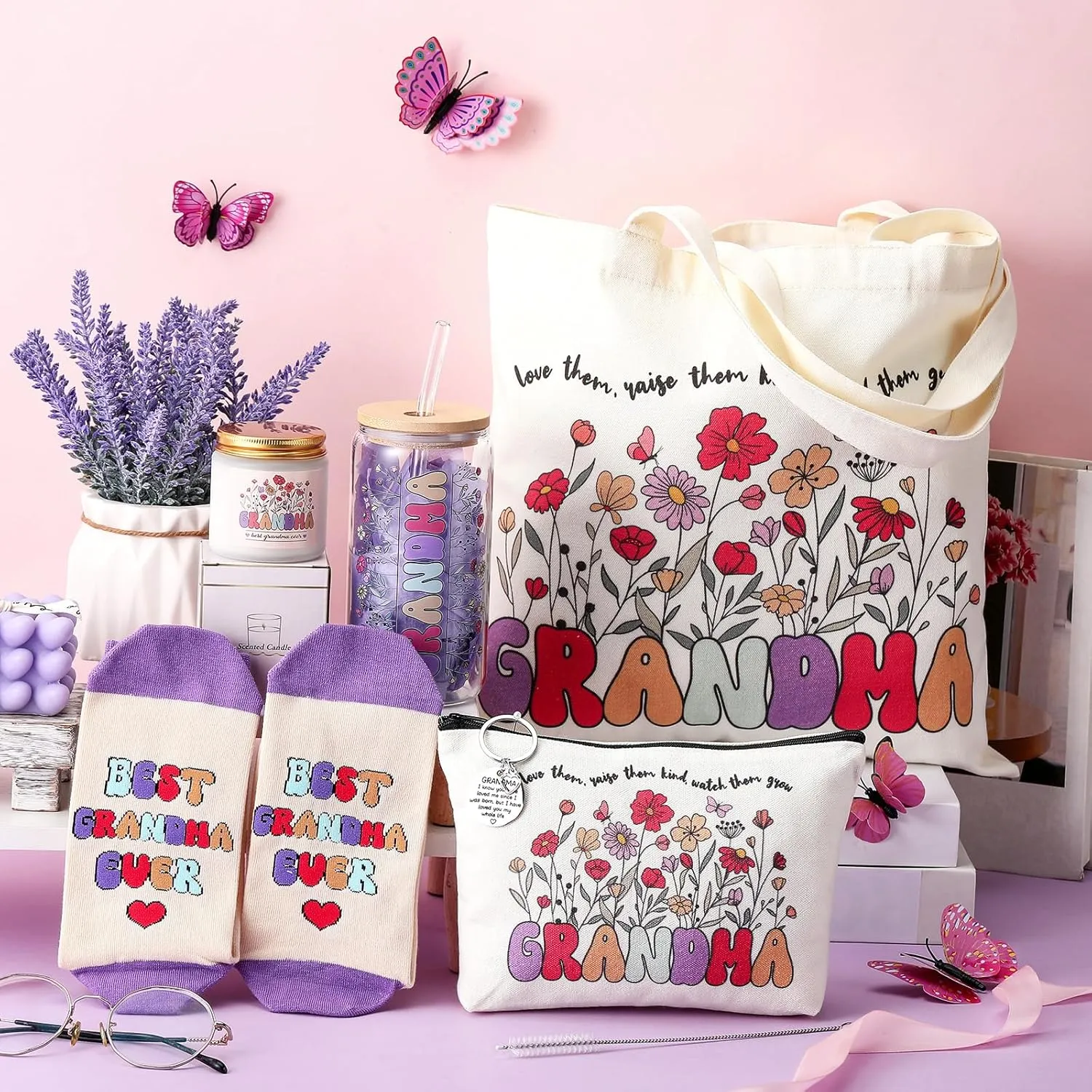 Grandma Gifts Ideas for Birthday, Best Grandma Gift from Granddaughter Grandchildren Grand kids, 17 oz Glass Cup Canvas Tote Bag for Women Birthday