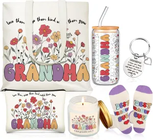 Grandma Gifts Ideas for Birthday, Best Grandma Gift from Granddaughter Grandchildren Grand kids, 17 oz Glass Cup Canvas Tote Bag for Women Birthday