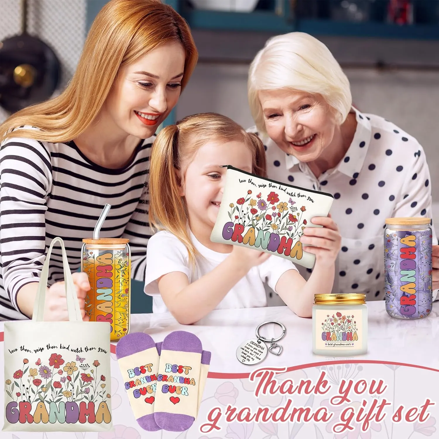 Grandma Gifts Ideas for Birthday, Best Grandma Gift from Granddaughter Grandchildren Grand kids, 17 oz Glass Cup Canvas Tote Bag for Women Birthday