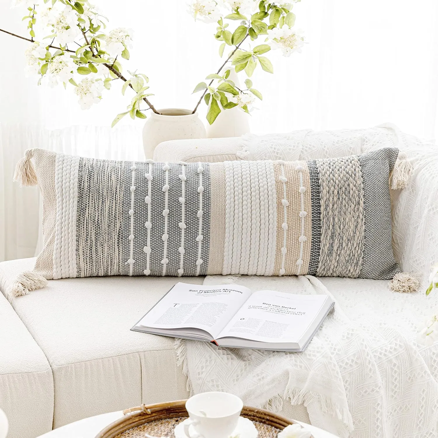 Gray Boho Lumbar Throw Pillow Cover 14x36 Grey Accent Long Body Lumbar Pillow for Bed Decorative Modern Bohemian Woven Textured Lumbar Pillow for Bed Cover ONLY