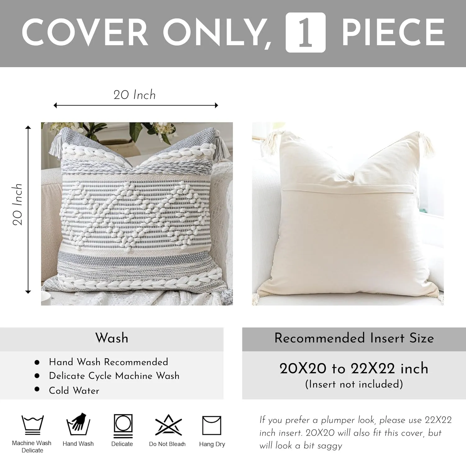 Gray Cream White Boho Throw Pillow Cover 20X20, Boho Woven Textured Pillow Cover, Neutral Pillow Cover, Sofa Couch Bed Farmhouse Lumbar Pillow (Cover ONLY)