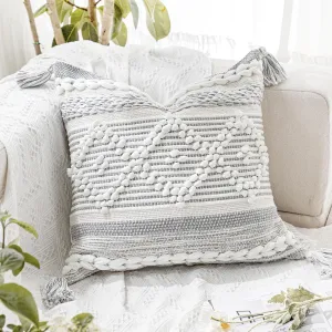 Gray Cream White Boho Throw Pillow Cover 20X20, Boho Woven Textured Pillow Cover, Neutral Pillow Cover, Sofa Couch Bed Farmhouse Lumbar Pillow (Cover ONLY)