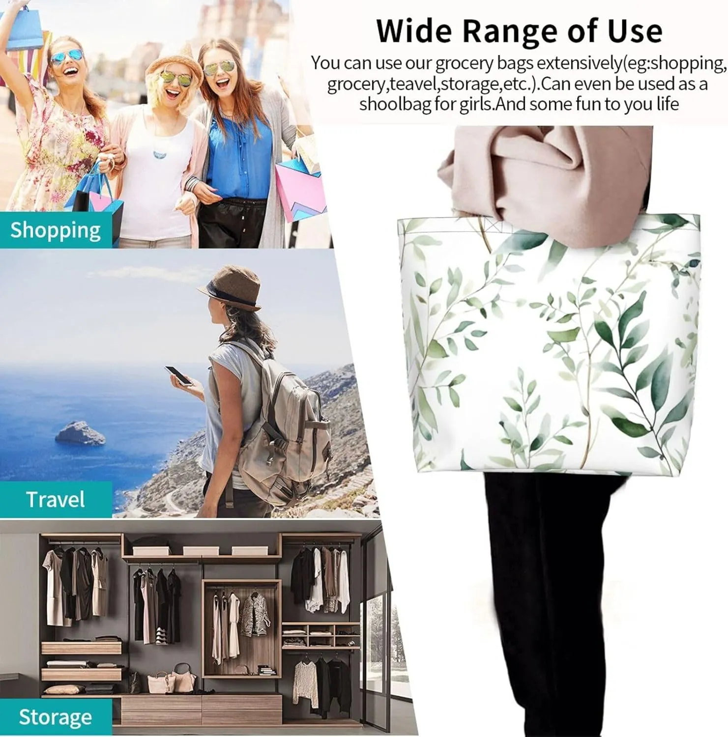 Grocery Bag Reusable Tote Bag Foldable Blue Rose Shopping Bag Handbag Washable Shoulder Bag for Travel
