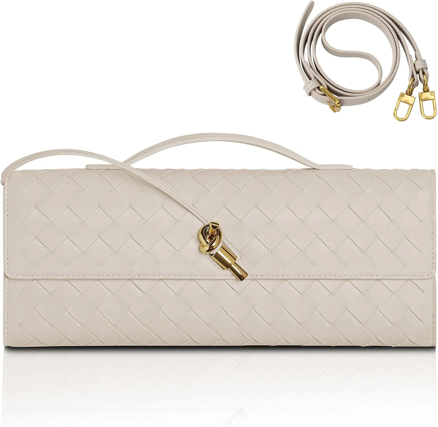 GRQ Woven Handmade Clutch Purse for Women, Elegant PU Leather Handbag, Removable Handle, Spacious for Evening & Formal Events