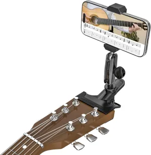 Guitar Phone Holder, [Strong Metal Clip] Guitar Phone Mount for Electric Guitar, Ukulele, Bass, Mandolin, Banjo, Sitar, Compatible with iPhone 16 Pro Max, Galaxy and All 4-7" Smartphone