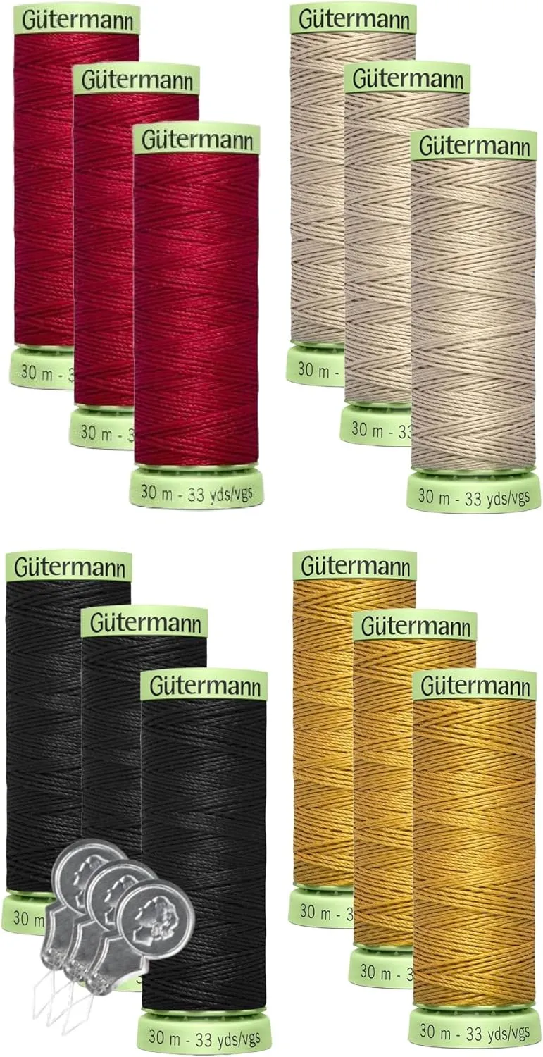 Gutermann Top Stitch Heavy Duty Thread, 12-Pack Bundle with 3 Bella's Crafts Needle Threaders (Popular Mix 1)