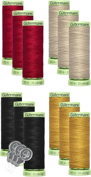 Gutermann Top Stitch Heavy Duty Thread, 12-Pack Bundle with 3 Bella's Crafts Needle Threaders (Popular Mix 1)