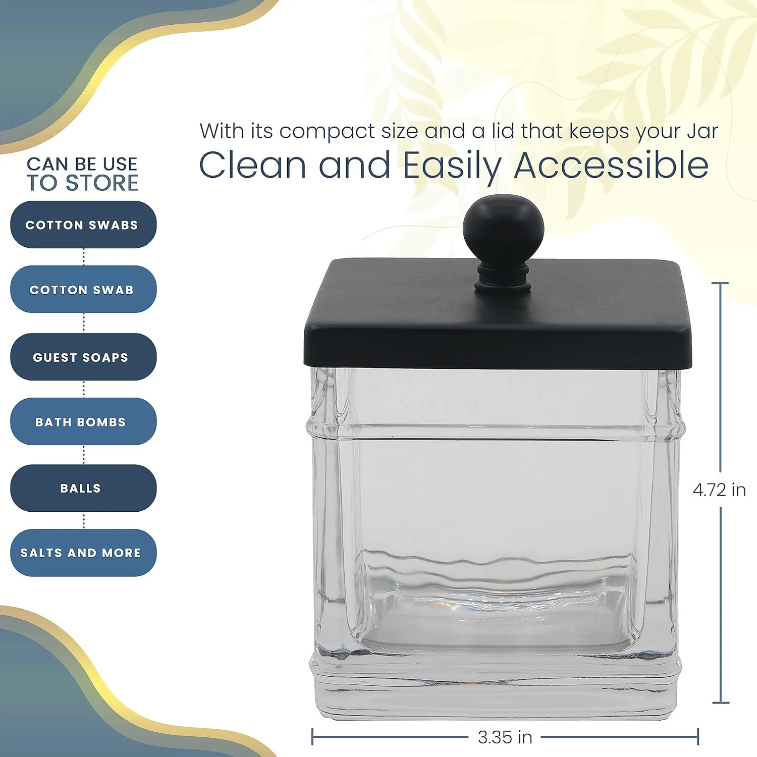 H Halston Apothecary Glass Cotton Jar Holder for Qtips, Cotton Balls, Floss, Storage Canister ,Bathroom Organization, With Matte Black 304L Stainless Steel Lid, Makeup Vanity Organizer