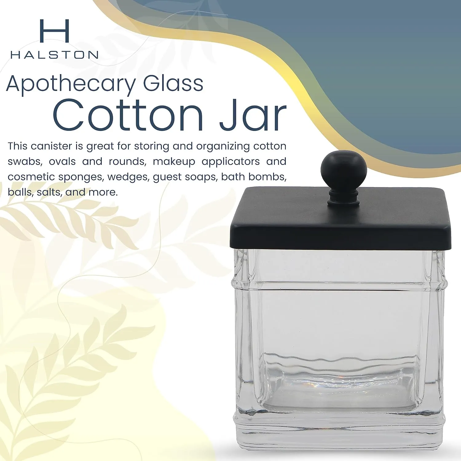 H Halston Apothecary Glass Cotton Jar Holder for Qtips, Cotton Balls, Floss, Storage Canister ,Bathroom Organization, With Matte Black 304L Stainless Steel Lid, Makeup Vanity Organizer