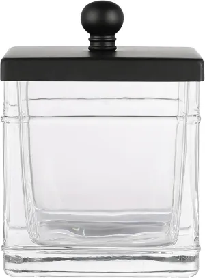 H Halston Apothecary Glass Cotton Jar Holder for Qtips, Cotton Balls, Floss, Storage Canister ,Bathroom Organization, With Matte Black 304L Stainless Steel Lid, Makeup Vanity Organizer