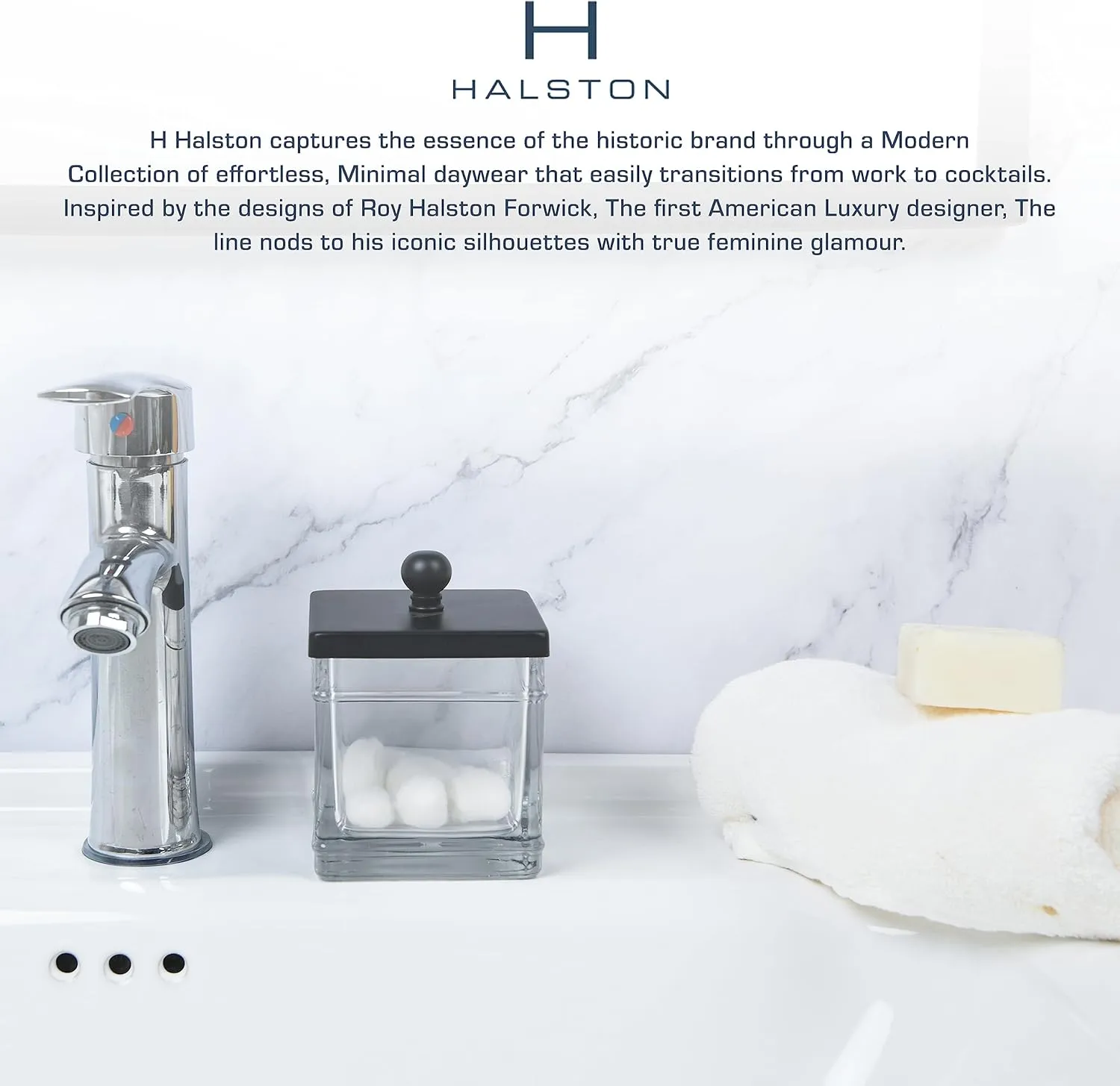 H Halston Apothecary Glass Cotton Jar Holder for Qtips, Cotton Balls, Floss, Storage Canister ,Bathroom Organization, With Matte Black 304L Stainless Steel Lid, Makeup Vanity Organizer