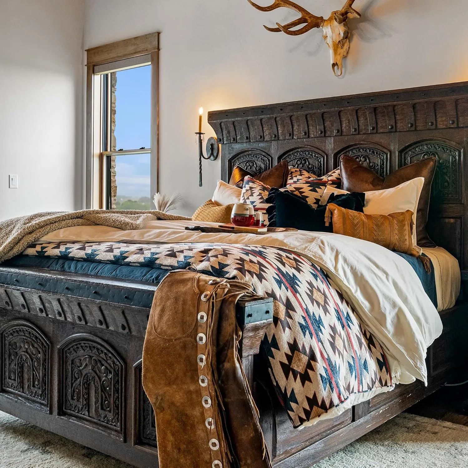 H HIEND ACCENTS Tasha Polizzi for Paseo Road Mariella Western Bedding, 3 Piece Comforter Set, Queen Size, Chenille Red Blue Brown Aztec Bedding Set, Southwestern Tribal Bedding with Pillow Shams