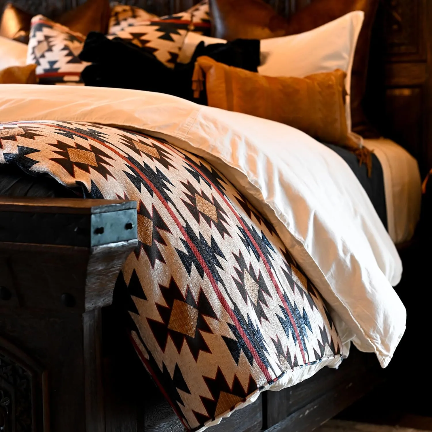 H HIEND ACCENTS Tasha Polizzi for Paseo Road Mariella Western Bedding, 3 Piece Comforter Set, Queen Size, Chenille Red Blue Brown Aztec Bedding Set, Southwestern Tribal Bedding with Pillow Shams
