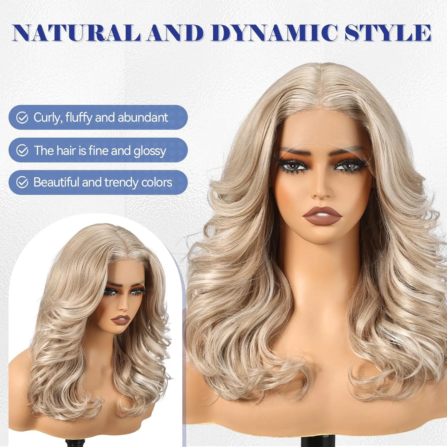 HAIRCUBE Glueless Synthetic Lace Front Wig, 18 Inch Ash Blonde Curly Wigs, Put on Go Layered Wigs for Women Daily Use