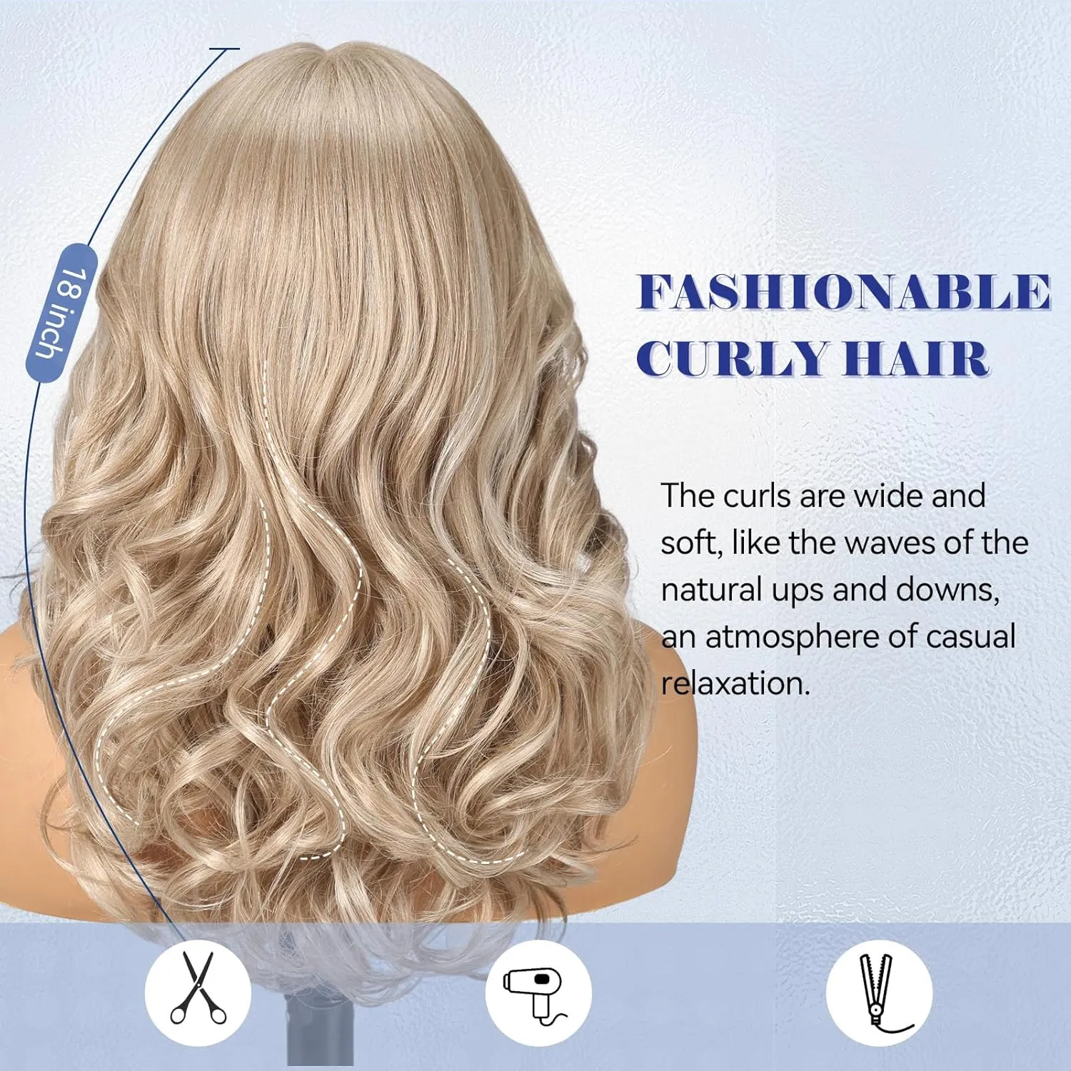 HAIRCUBE Glueless Synthetic Lace Front Wig, 18 Inch Ash Blonde Curly Wigs, Put on Go Layered Wigs for Women Daily Use