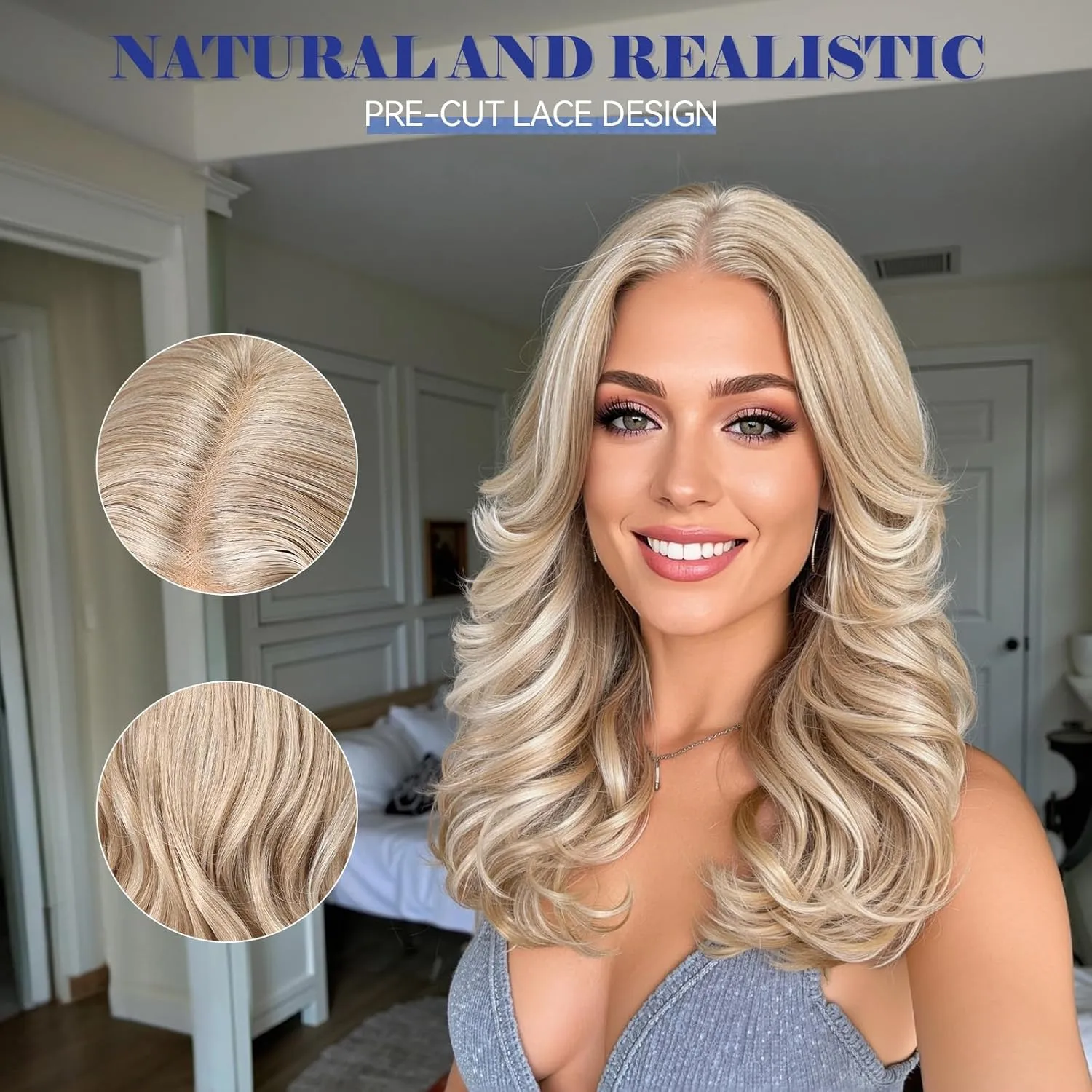 HAIRCUBE Glueless Synthetic Lace Front Wig, 18 Inch Ash Blonde Curly Wigs, Put on Go Layered Wigs for Women Daily Use
