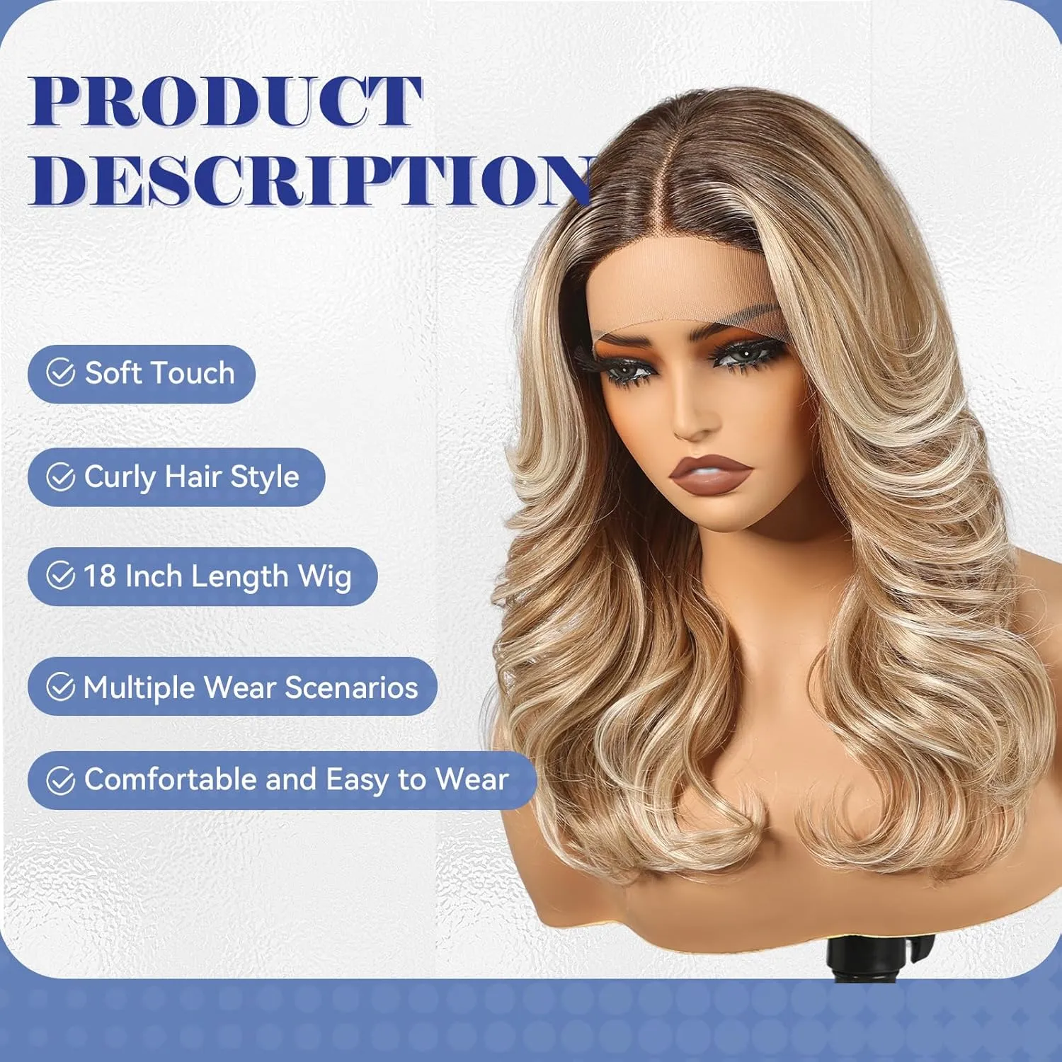 HAIRCUBE Glueless Synthetic Lace Front Wig, 18 Inch Ombre Brown Hightlight Curly Wigs, Put on Go Layered Wigs for Women Daily Use