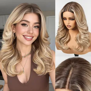HAIRCUBE Glueless Synthetic Lace Front Wig, 18 Inch Ombre Brown Hightlight Curly Wigs, Put on Go Layered Wigs for Women Daily Use