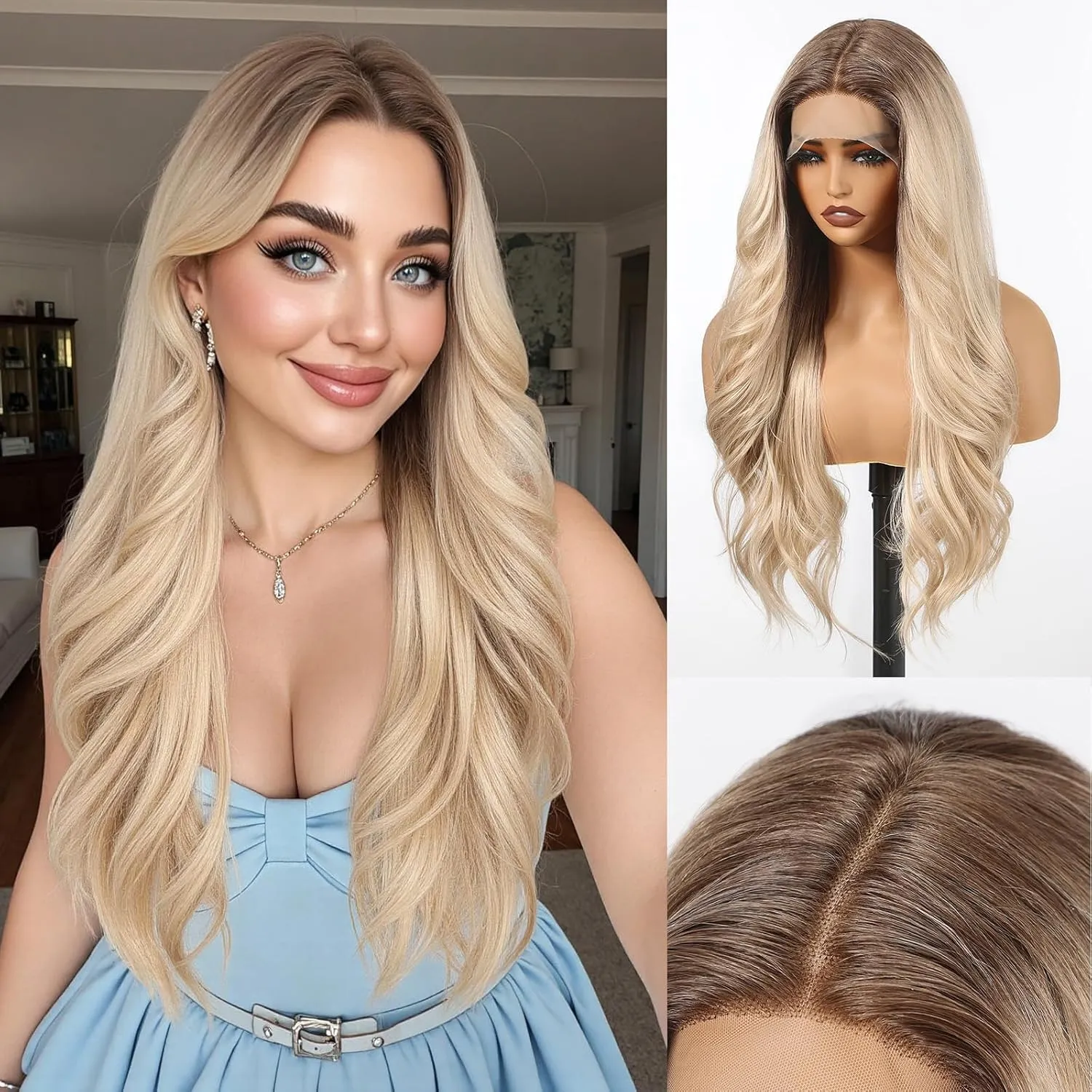 HAIRCUBE Ombre Blonde Synthetic Lace Front Wig, 26 Inch Glueless Long Curly Human-Like Wig for Women, Natural Hairline & Adjustable Cap
