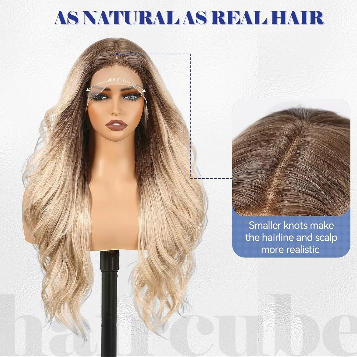 HAIRCUBE Ombre Blonde Synthetic Lace Front Wig, 26 Inch Glueless Long Curly Human-Like Wig for Women, Natural Hairline & Adjustable Cap