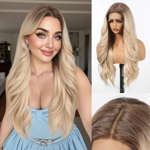 HAIRCUBE Ombre Blonde Synthetic Lace Front Wig, 26 Inch Glueless Long Curly Human-Like Wig for Women, Natural Hairline & Adjustable Cap