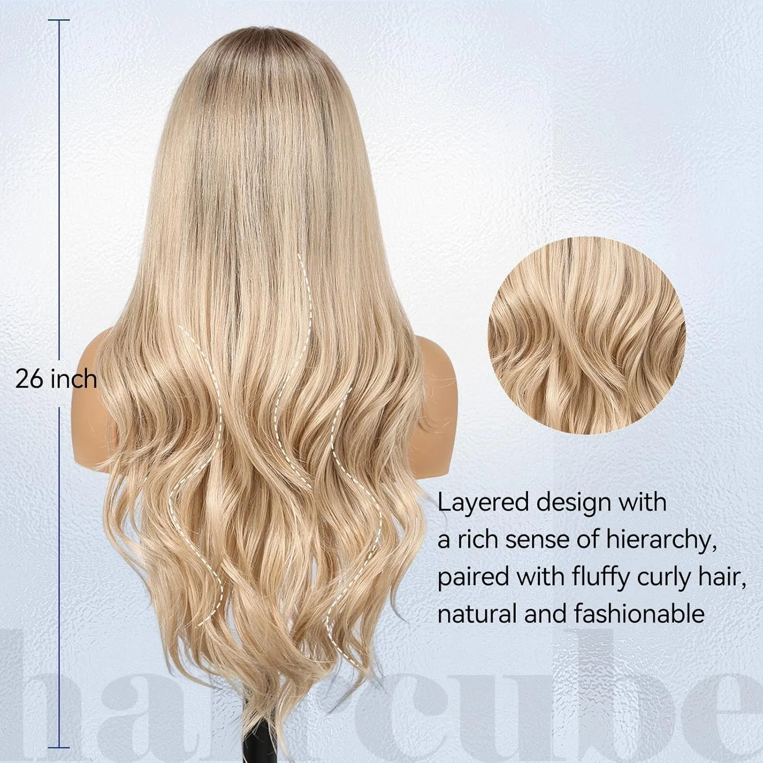 HAIRCUBE Ombre Blonde Synthetic Lace Front Wig, 26 Inch Glueless Long Curly Human-Like Wig for Women, Natural Hairline & Adjustable Cap