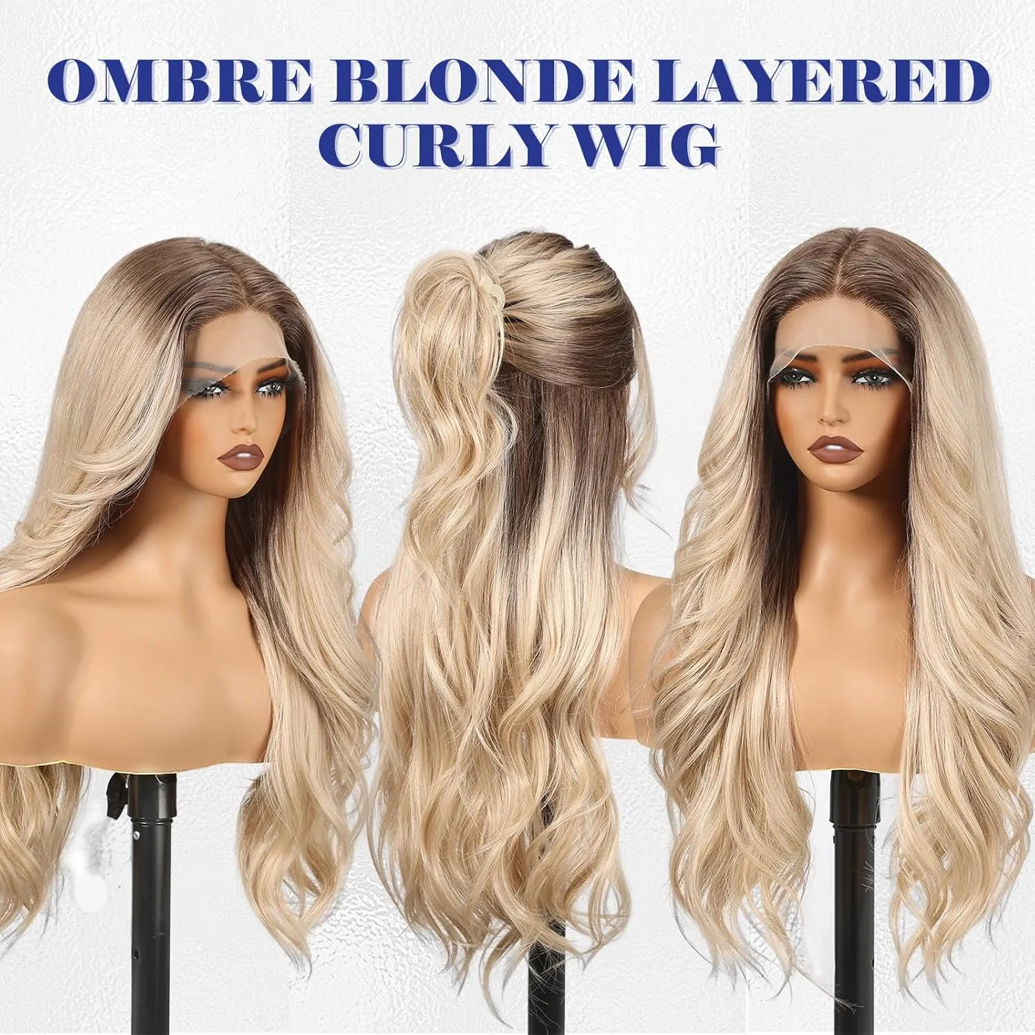 HAIRCUBE Ombre Blonde Synthetic Lace Front Wig, 26 Inch Glueless Long Curly Human-Like Wig for Women, Natural Hairline & Adjustable Cap