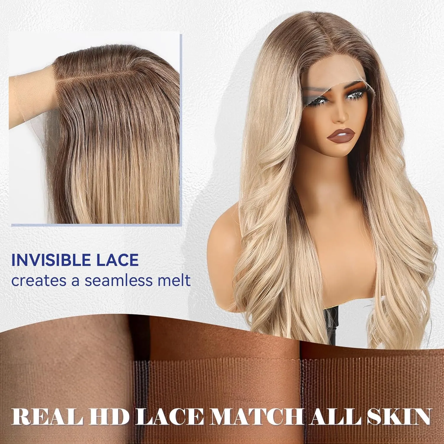 HAIRCUBE Ombre Blonde Synthetic Lace Front Wig, 26 Inch Glueless Long Curly Human-Like Wig for Women, Natural Hairline & Adjustable Cap