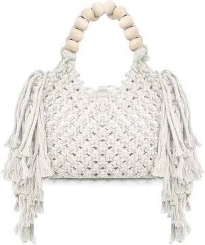 Handbags for Women, Hand-woven Knitted Cotton Handbags, Tassel Woven Bag, Wooden Bead Handle, Shoulder Bag for Beach Vacation(White)