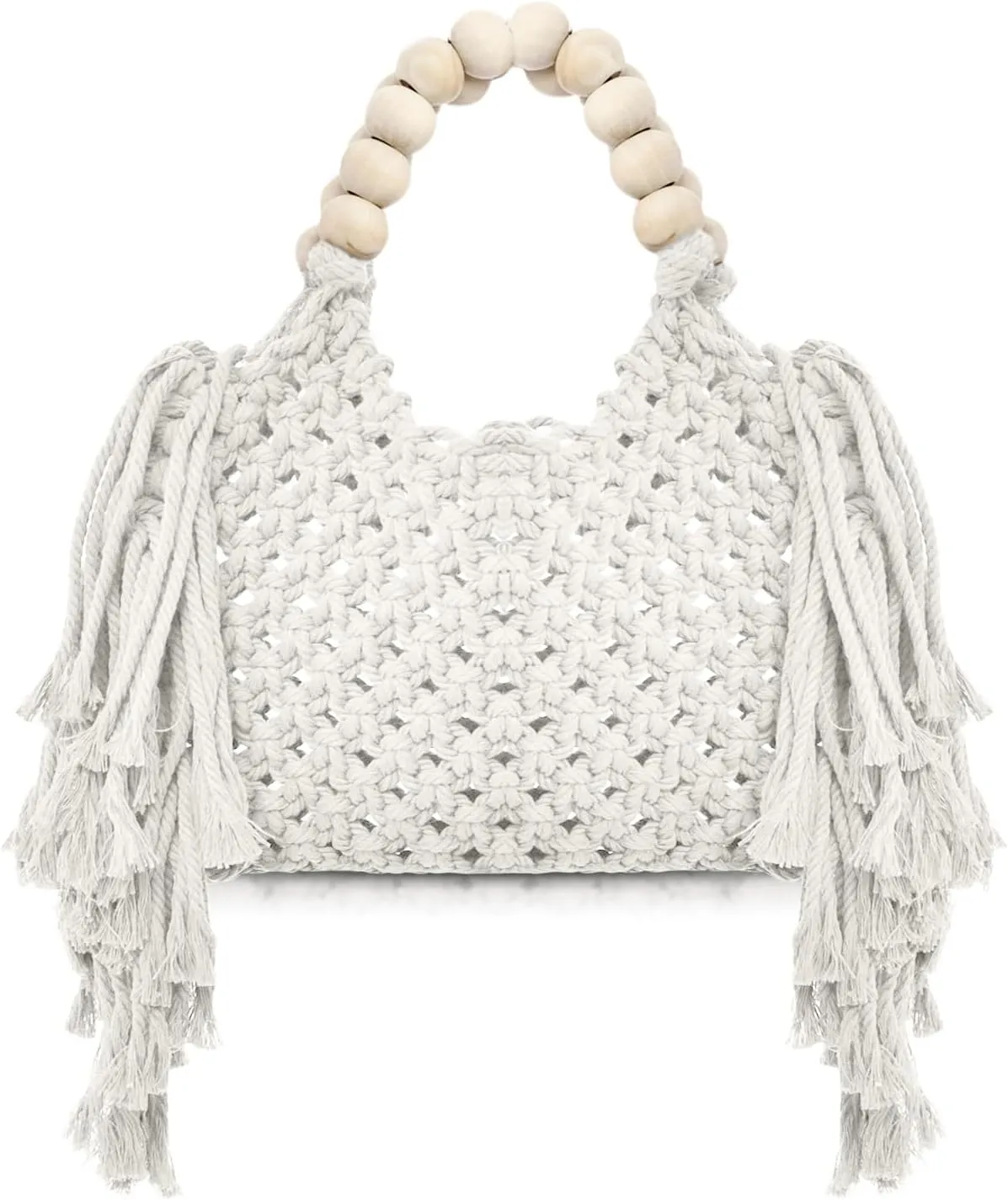 Handbags for Women, Hand-woven Knitted Cotton Handbags, Tassel Woven Bag, Wooden Bead Handle, Shoulder Bag for Beach Vacation(White)
