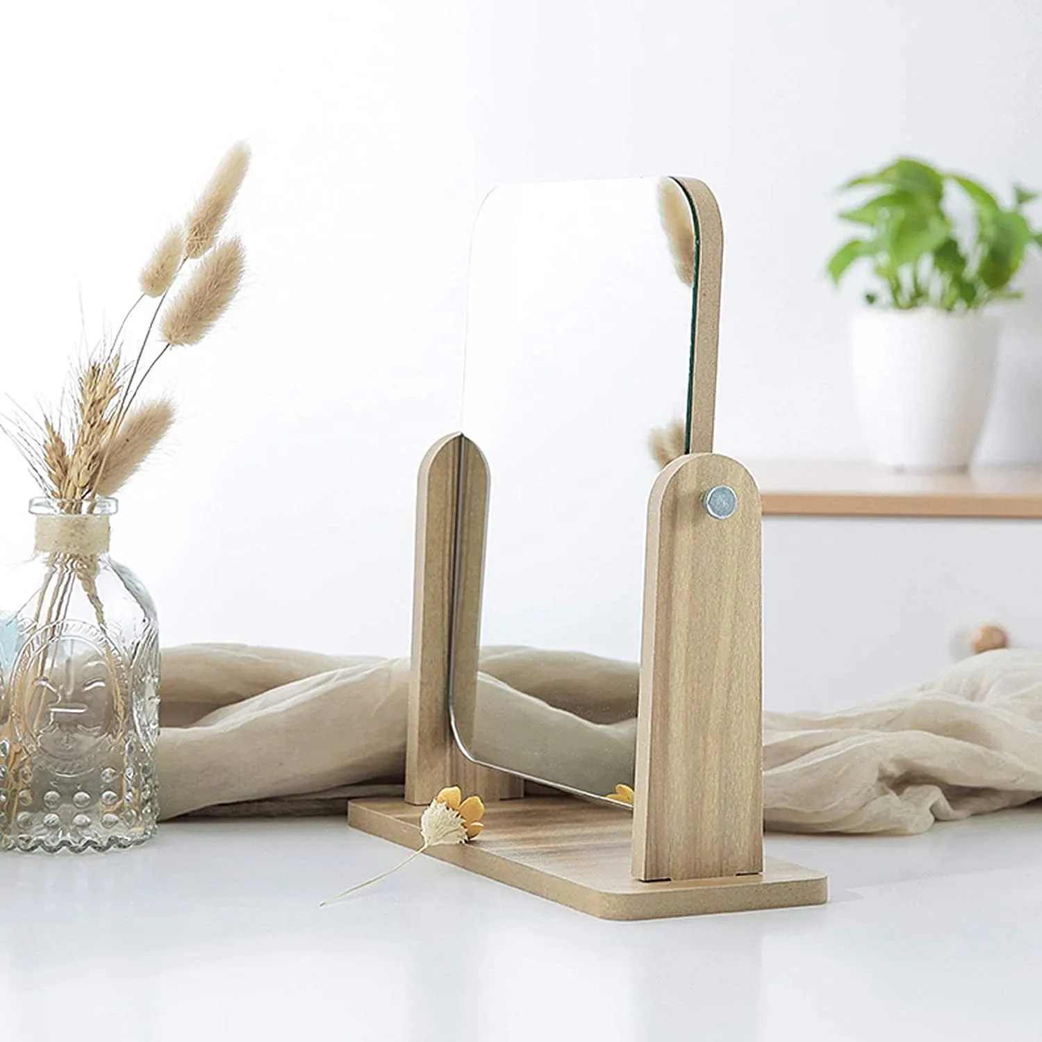 Handheld Wooden Desktop Vanity Mirror Desktop Portable Folding Home Makeup Mirror (A 17 * 25 * 22 cm)