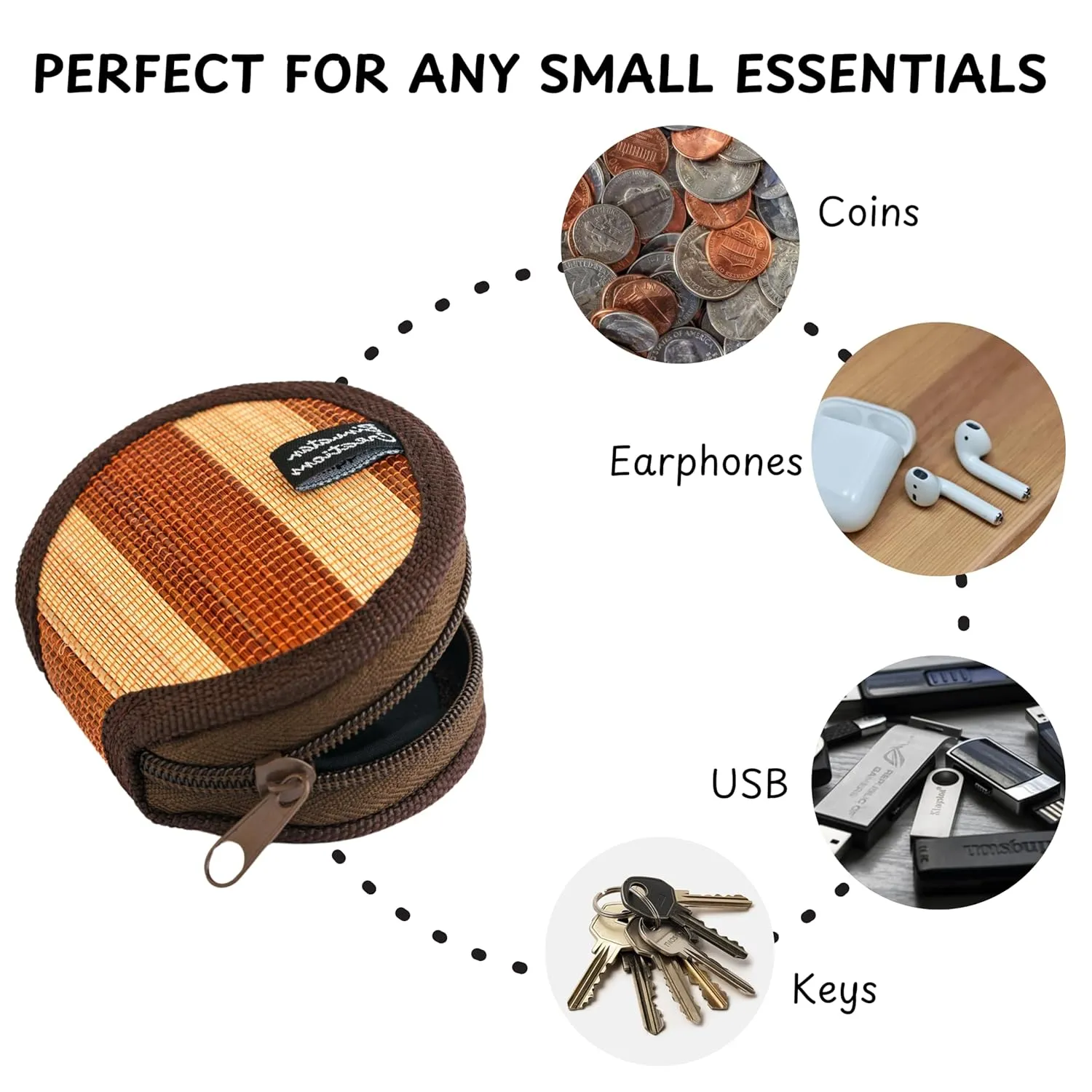 Handmade Coin Bag – Woven Coin Case Pouch for Men & Women | Handmade Wallet, Change Pouch, Small Zipper Wallet | Made from Natural Grasses & Buntal Fibers (Brown & Natural)