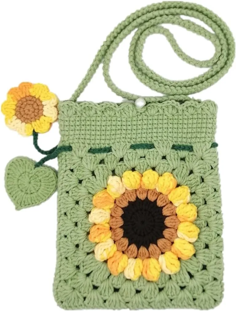 Handmade Crochet Sunflower Blossom Phone Bag Knitted Bag for Women