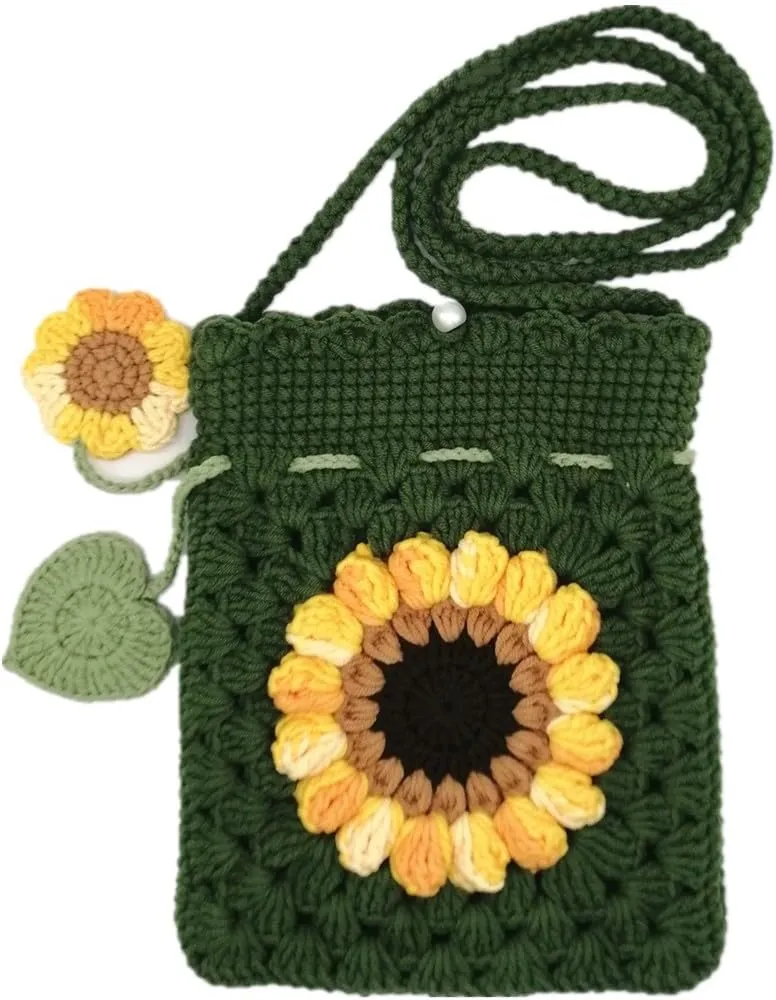 Handmade Crochet Sunflower Blossom Phone Bag Knitted Bag for Women