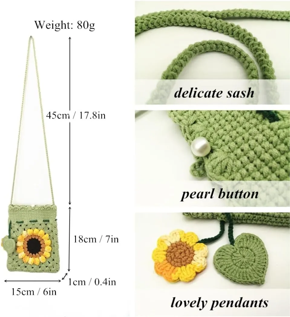 Handmade Crochet Sunflower Blossom Phone Bag Knitted Bag for Women
